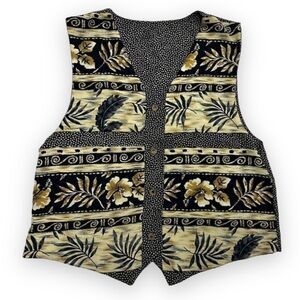 Vintage Reversible Blue Beige Patterned Vest Women’s Size Medium Stripe Tropical